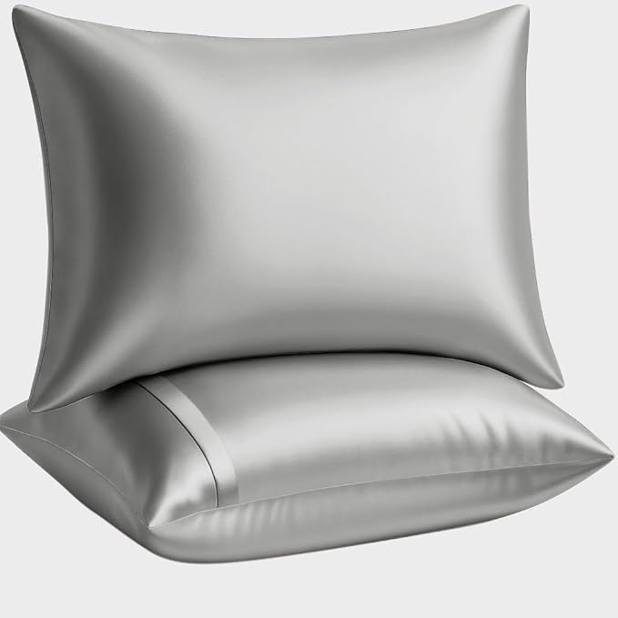 BLISSFORD Satin Pillowcase with Zipper, for Hair and Skin Care, Feels Soft and Cool Like a Silk Pillowcase, Satin Pillow Cases 2 Pack, Slik Pillow Cover, Grey, Queen Size, Set of 2