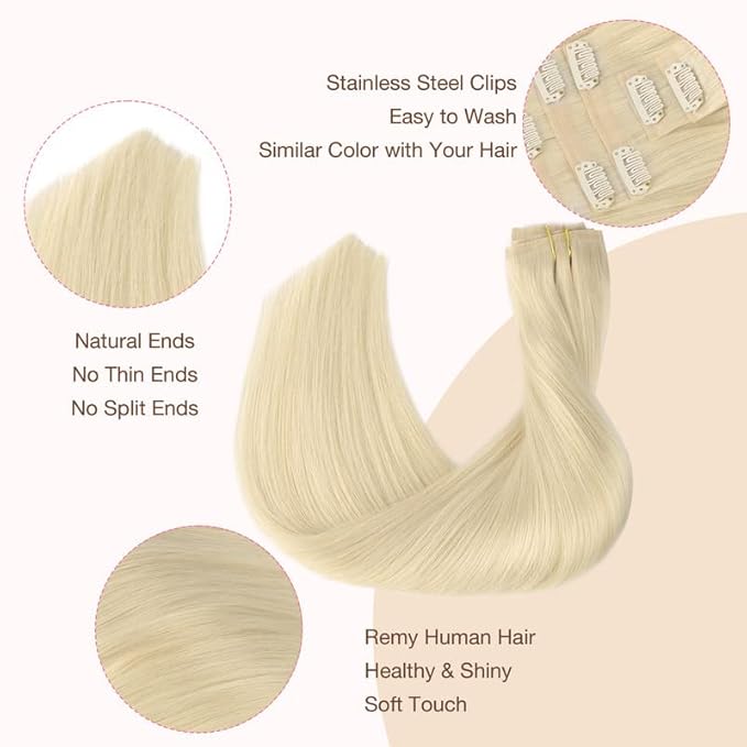 GOO GOO Clip in Hair Extensions Real Human Hair, Remy Human Hair Extensions Clip ins for Women, Natural Human Hair, 20inch 110g 7Pcs, 60A Platinum Blonde