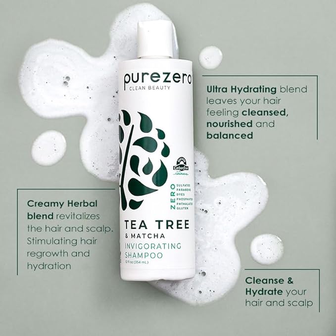 Purezero Tea Tree & Matcha Shampoo and Conditioner Set - Nourishing & Invigorating Scalp Treatment - Zero Sulfates, Parabens, Dyes Vegan and Cruely Free (12 Fl Oz (Pack of 2))