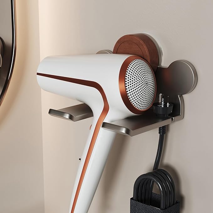 Upgraded Drill-Free Hair Dryer Holder With Hair Tie Organizer- Heavy Duty Double-Stick Tape Wall Mount Organizer for Bathroom, No Drill, Sturdy Carbon Steel Construction, Rust-Resistant (White)