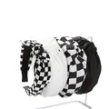 4Pack Knotted Headband for Women Checkered Flower Printed Headbands Top Knot Non Slip Beaded Headband Set Solid Color Wide Knotted Head Bands for Women's Hair (Checkered/Black/White)
