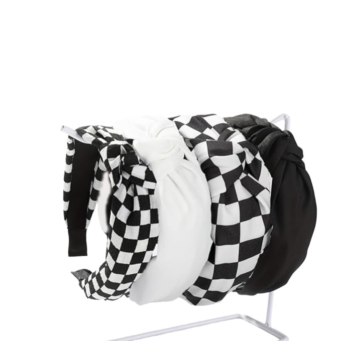 4Pack Knotted Headband for Women Checkered Flower Printed Headbands Top Knot Non Slip Beaded Headband Set Solid Color Wide Knotted Head Bands for Women's Hair (Checkered/Black/White)