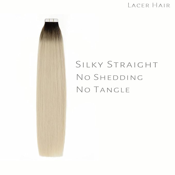 Lacer Tape in Hair Extensions Real Human Hair Rooted Darkest Brown to Platinum Blonde Invisible Human Hair Tape in Extensions Double Sided PU Weft Hair Extensions Tape in 40pcs 60g 12 Inch