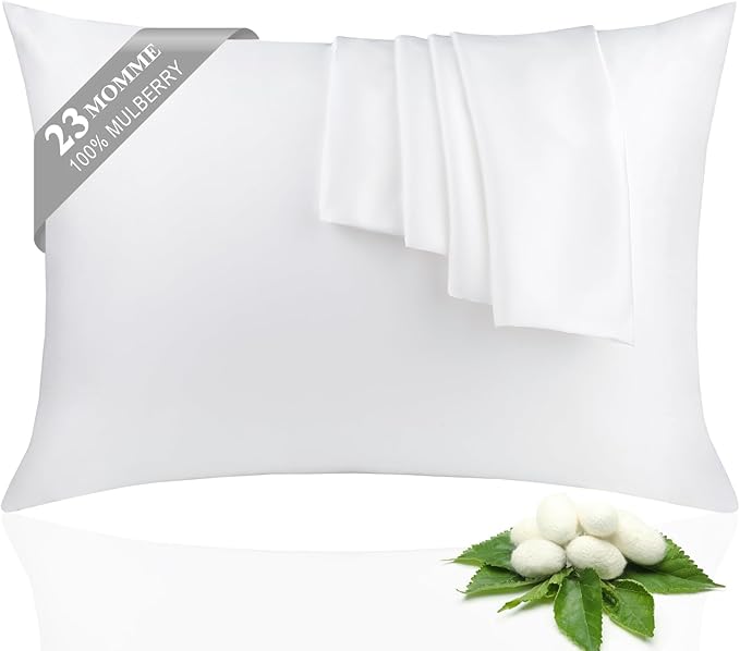 100% Silk Pillowcase 2 Pack for Hair and Skin, Both Sides 23 Momme Grade 6A+ Mulberry Silk Pillowcases with Hidden Zipper, Soft&Smooth Cooling Pillow Cases (White, Queen 20×30)