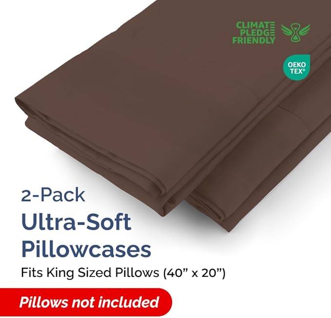 King Pillow Cases - 2 Pack - Super Soft Pillowcase Covers - Envelope Enclosure - Hotel Quality Pillow Protectors - Wrinkle Free, Fade, Shrink & Stain Resistant - Machine Washable - 20" x 40" (Brown)