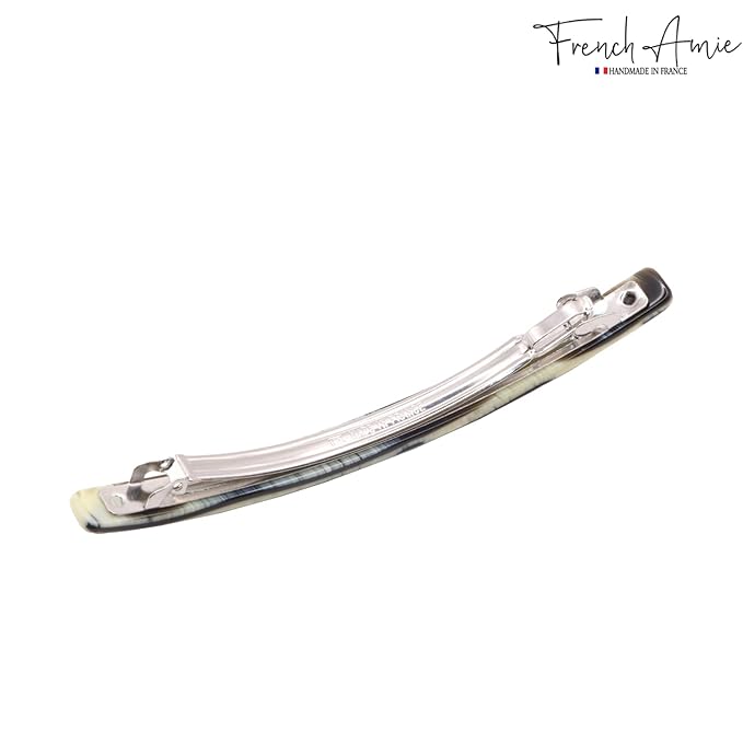 French Amie Long and Thin Ivory Black Large 4” Celluloid Acetate Handmade Automatic Hair Clip Barrette with No Slip Sturdy Silver Clasp for Women and Girls, Made in France