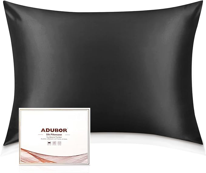 Adubor 100% Silk Pillowcase - Mulberry Silk Pillow Cases, 23 Momme 6A Grade Fibers, Silk Pillow Case for Hair and Skin Health, with Hidden Zipper (Queen 20''x30'', Black, 1PC)