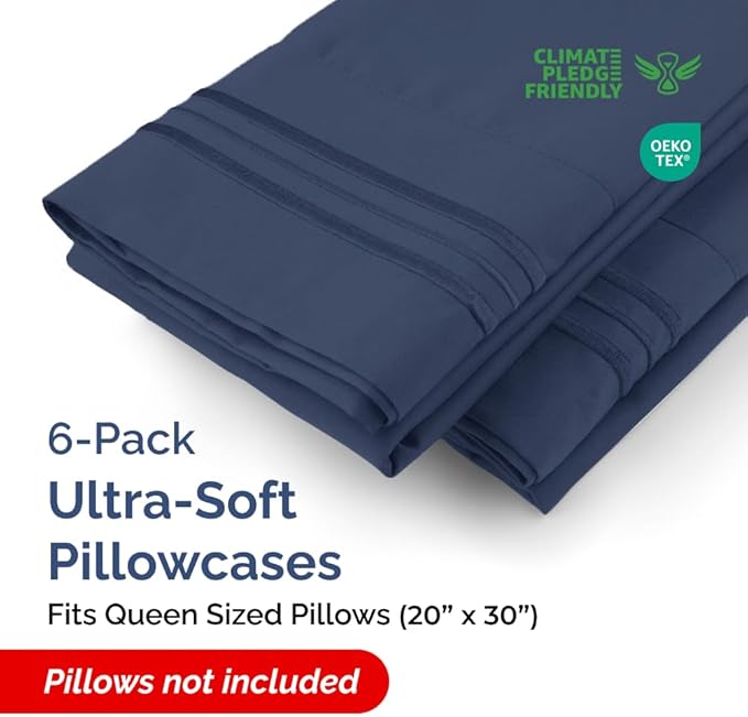 King Pillow Cases Set of 6 - Ultra Soft Hotel Quality Pillowcase Covers - Comfy. Cozy & Wrinkle Free - Shrink, Stain and Fade Resistant - Machine Washable Pillow Protectors - 6 Piece Set - Navy Blue