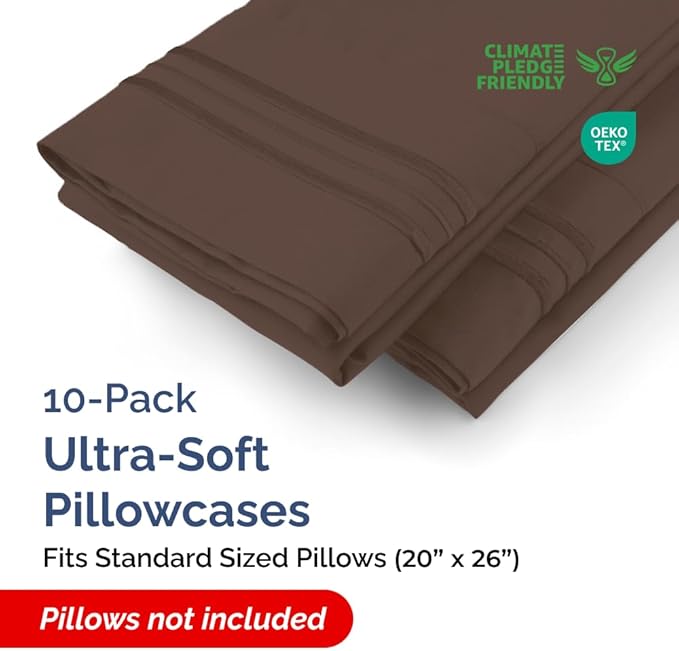 Standard Pillow Cases Set of 10 - Ultra Soft Hotel Quality Pillowcase Covers - Comfy, Cozy & Wrinkle Free - Shrink, Stain and Fade Resistant - Machine Washable Pillow Protectors - 10 Pcs Set - Brown