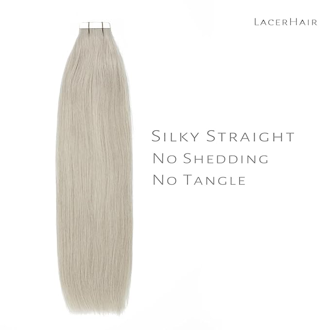 Lacer Tape in Hair Extensions - Human Hair, 20 Inch, Natural Grey Silver, Seamless, Silky Straight, 20pcs, 50grams