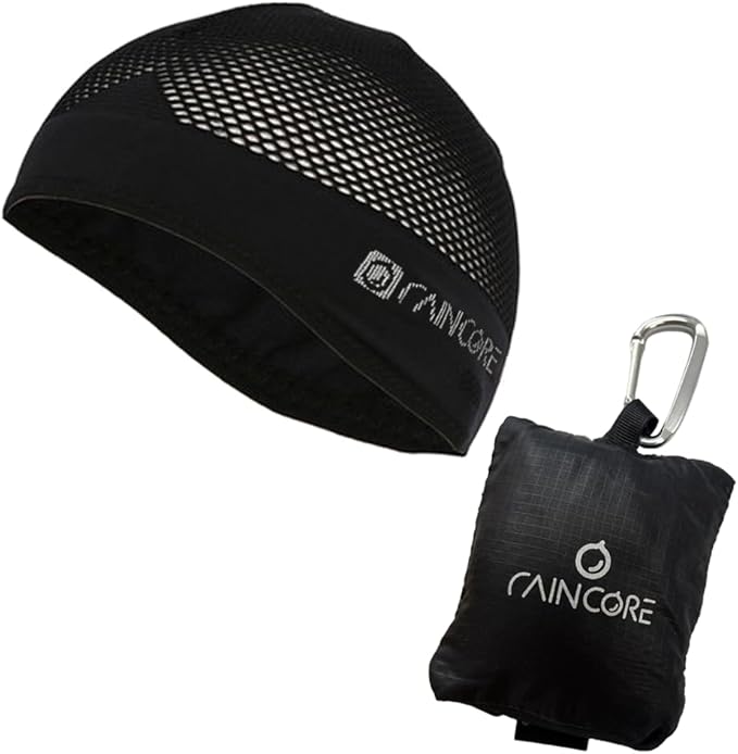 RAINCORE Skull Cap Inner Helmet Liner (with Pouch), Carabiner Clip - Breathable Mesh - Lightweight - Quick Dry - Cycling- Running - Motorcycle - Workout - for Men and Women Cap Black