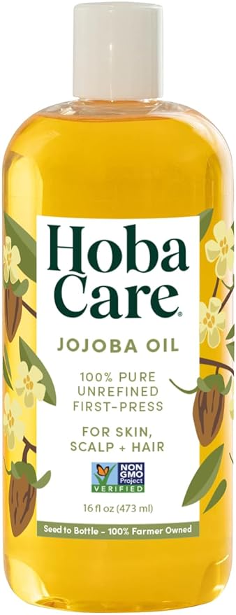 HobaCare Pure Jojoba Oil for Skin Care, Hair, Beard, Scalp Massage - 100% Unrefined Carrier Oil for Diluting Essential Oils - Natural, Hexane Free, Cruelty-Free, Long Shelf Life (16 oz)