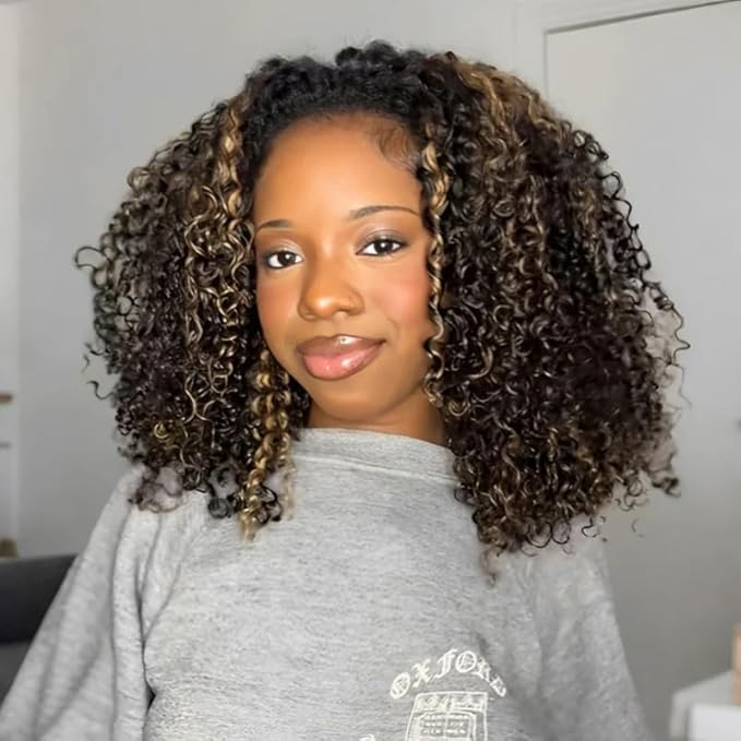 250% Density Kinky Curly Half Wig Human Hair Glueless Wigs Upgrade 3 IN 1 Highlight 1b/27 Half Wig With Drawstring Seamless Clip Ins Flip Over Kinky Curly Human Hair No Glue No Lace 18 Inch