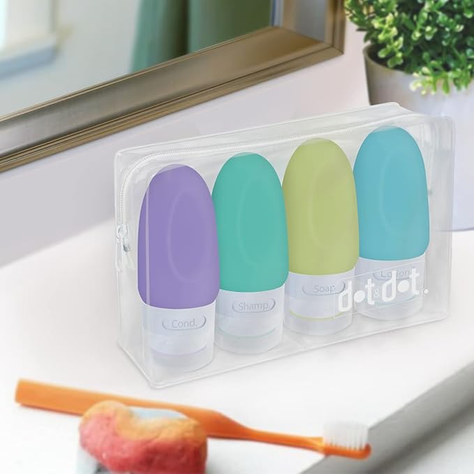 Dot&Dot Leak Proof Toiletry Bottles - 4 Pack Silicone Travel Bottles - Shampoo & Conditioner Bottles with TSA Quart Bag - 1 oz Travel Size