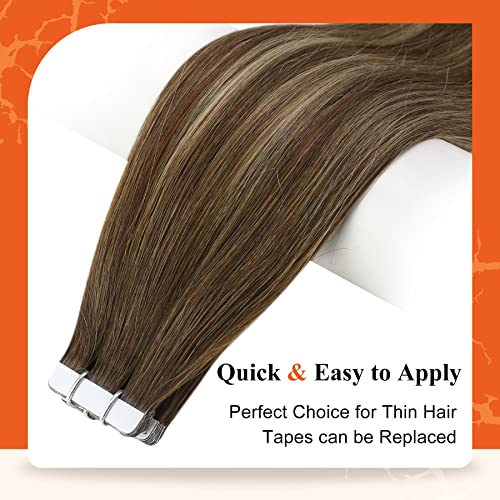 Full Shine Human Hair Tape in Extensions Color 4/24/4 Medium Brown to Honey Blonde 22 Inch Real Human Hair Tape in Extensions Silky Straight Travel Friendly Styling 20Pcs 50gram