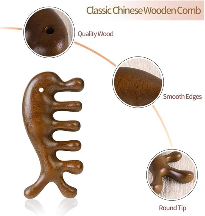 Wooden Scalp Massager, Sandalwood Wide Tooth Comb, Acupressure Tool for Face and Body