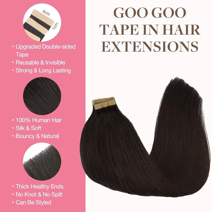 GOO GOO Tape in Hair Extensions Human Hair, 2 Dark Brown, 18inch 100g 40pcs, Skin Weft Seamless Invisible, Silky Straight with Thick Ends, Remy Human Hair