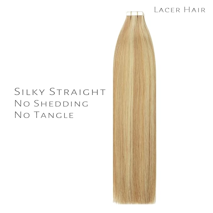 Lacer Invisible Tape in Hair Extensions Human Hair Silky Straight Golden Blonde to Platinum Blonde Hair Extensions Tape in 12 Inch 60G Seamless Tape Hair Extensions