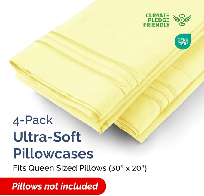 Queen Pillow Cases Set of 4 - Ultra Soft Hotel Quality Pillowcase Covers - Comfy, Cozy & Wrinkle Free - Shrinkage, Stain and Fade Resistant - Machine Washable Pillow Protectors - 4 Piece Set - Yellow
