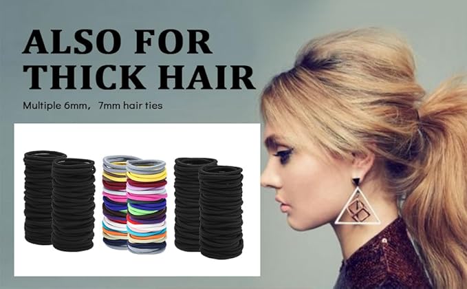 6MM Womens Elastics Hair Tie, 80 Pieces Black for Thick and Curly Hair Ponytail Holders Hair Elastic Band for Women or Men