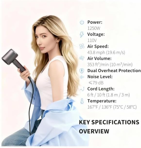 Ionic Hair Dryer 110K RPM 1250W Fast Drying, 200M Negative Ion Care, Dual Overheat Protection, Anti-Static Low Noise, 2 Heat & 2 Speed, Durable PA+Glass Fiber Shell, Lightweight, Magnetic Nozzle