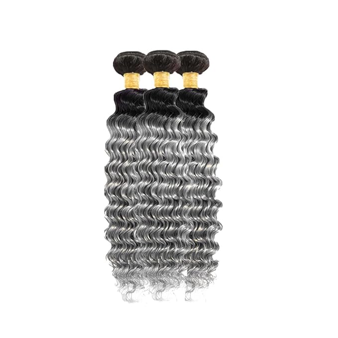 Grey Bundles Human Hair Ombre Deep Wave Bundle Brazilian Virgin Soft and Silky Remy Hair 3 Bundles 26 28 30 Inch Double Weft 2 Tone Black and Silver Deep Wave Bundle 300g