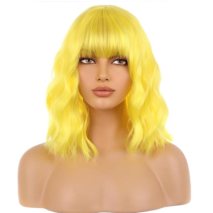 BERON 14 Inches Yellow Wig Wig for Women Girls Short Curly Yellow Wigs with Bangs Hairnet Include
