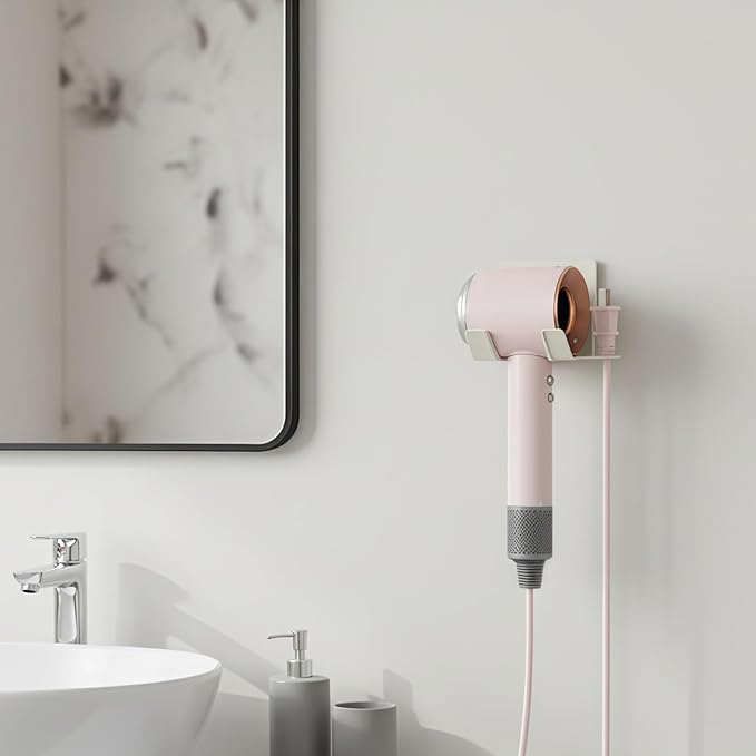 Hair Dryer Holder, Blow Dryer Holder Wall Mounted Hair Tool Organizer Self Adhesive Hair Dryer Holder Wall Mount, Compatible for Hair Dryer Holder for Bathroom White PTALSEAW