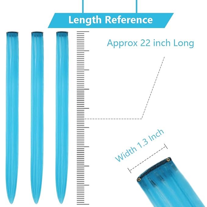 Colored Hair Extensions Clip In for Kids Girls Women, Teal Blue 10 Pieces Rainbow Color, 22 Inch Long Straight Highlights Party, Synthetic