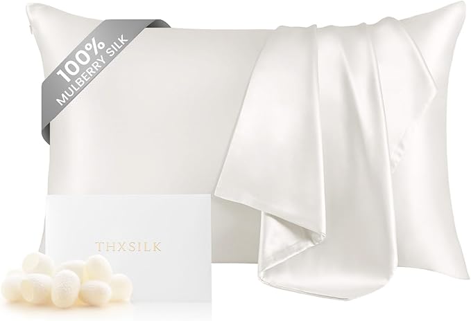 THXSILK 100% Silk Pillowcase for Hair and Skin, Both Sides Grade 6A+ Mulberry Silk Pillow Case with Hidden Zipper, Soft Smooth White Pillowcase(1pc, Queen Size 20"x30")