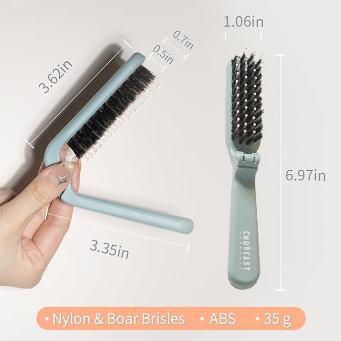 Uffy MiniPop Travel Hair Brush – Mini Folding Boar Bristles for Women, Men & Kids | Kid-Friendly Compact Comb for Wet & Dry Hair, Curly or Straight | Pocket-Size Detangler - Pistachio on Lavender