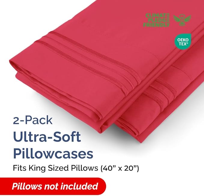 King Pillow Cases Set of 2 - Ultra Soft Hotel Quality Pillowcase Covers - Comfy, Cooling & Wrinkle Free - Shrinkage, Stain and Fade Resistant - Machine Washable Pillow Protectors - 2 Piece Set - Red
