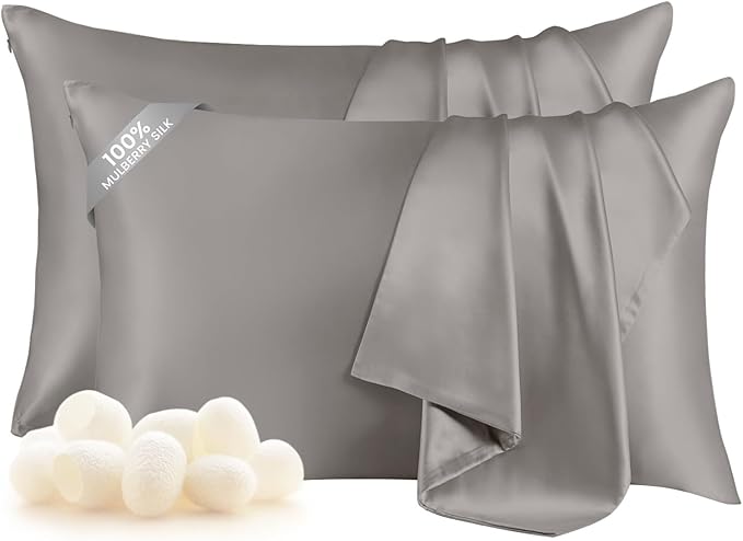 THXSILK Set of 2 Mulberry Silk Pillowcases for Hair and Skin, 100% Mulberry Silk Bed Pillowcase with Hidden Zipper, Silk Pillow Covers Soft Breathable Smooth, Silk King Pillow Case (Grey)