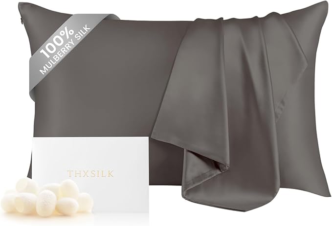 THXSILK 100% Mulberry Silk Pillowcase for Hair and Skin, Both Sides Grade 6A+ Pure Natural Silk Pillowcase, Soft Breathable Zipper Pillow Case Queen Size 20"x30", Dark Grey