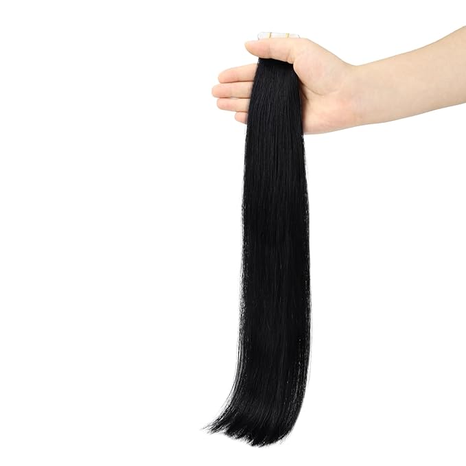 Full Shine 18Inch Black Virgin Tape in Hair Extensions Remy Tape in Human Hair Extensions Color 1 Black 25 Gram Seamless Unprocessed Skin Weft 10Pcs for Women