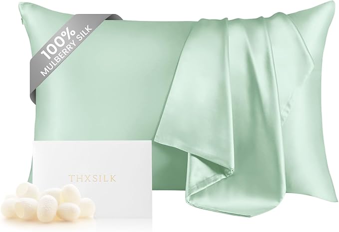 THXSILK 100% Mulberry Silk Pillowcase for Hair and Skin Health, Soft Breathable and Smooth Pillowcase with Hidden Zipper, Both Sides Premium Grade 6A+ Silk, 1pc (Standard 20"x26", Turquoise Green)
