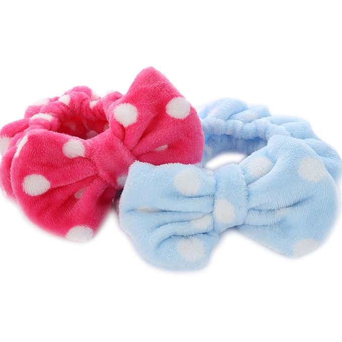 Hairizone 2 Pack Makeup Headbands for Washing Face Shower Spa, Soft and Cute Big Bow Hair Bands for Women and Girls (Light Blue/Roseo)