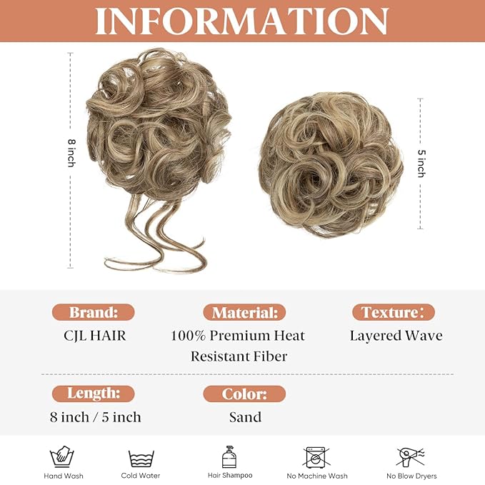 CJL HAIR 2PCS Messy Bun Hair Pieces Wavy Curly Synthetic Updo Chignon Fake Scrunchies Ponytail Extension for Women Sand