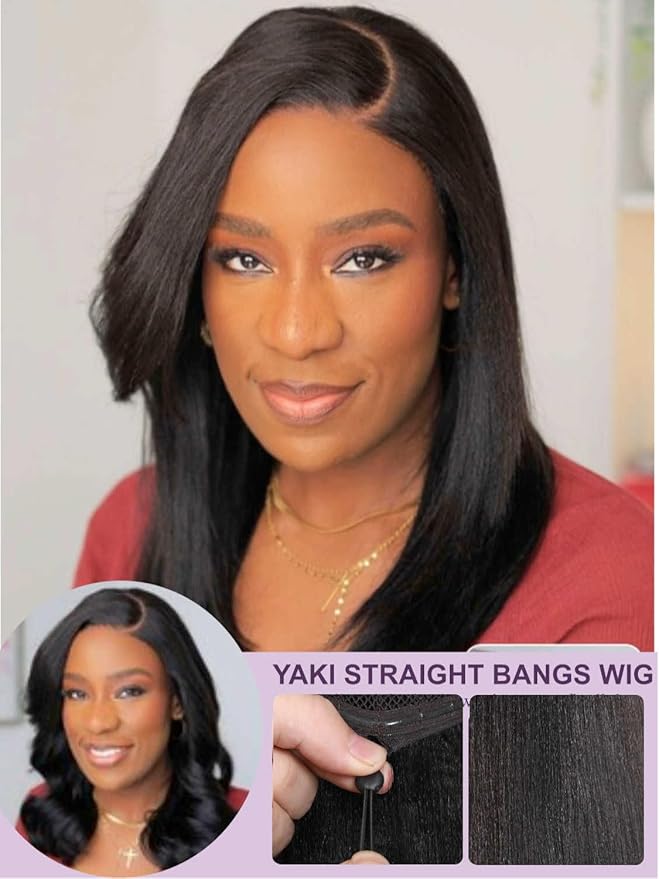 Yiroo Light Yaki Straight Wig Human Hair with Side Swept Bangs,7x5 Lace Front Bye Bye Knots Glueless Wig Human Hair Pre Plucked Pre Cut,Elastic Drawstring Wear and Go Wig for Women 150% Density 14Inch