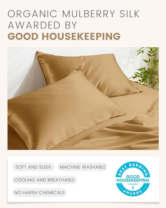 THXSILK Set of 2 100% Mulberry Silk Pillowcase for Hair and Skin, Grade 6A+ Mulberry Silk Pillow Cases with Hidden Zipper, Hypoallergenic Pillow Case Cover with Zipper(Queen 20"x30", Metallic Gold)
