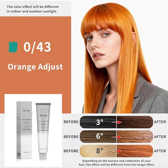 PureStyle 100g Professional Permanent Hair Color Dye Cream Ammonia Free, Long Lasting Orange Color, Natural Shine, For All Hair Types Easy At Home Application (0/43 Orange)