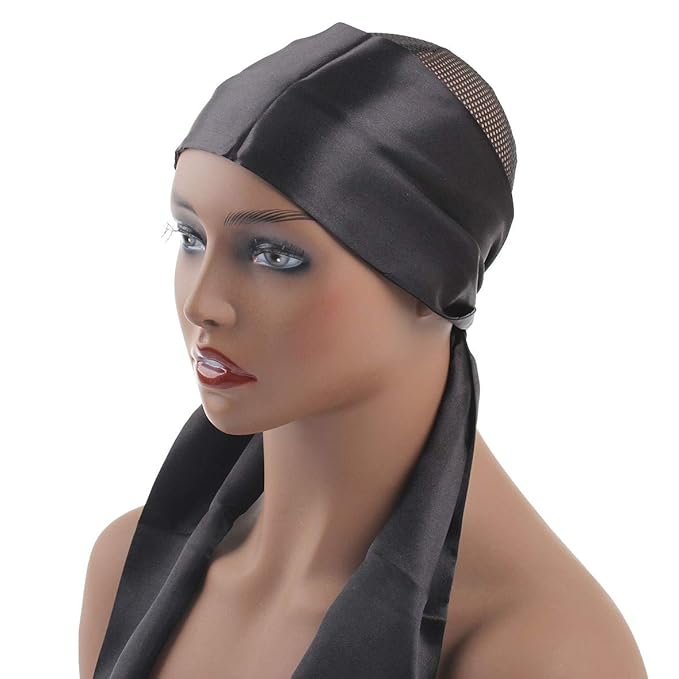 XTREND 2Pcs Women's Satin Edge Scarves for Wigs 58 Inch Silk Edge Laying Scarf for Women Non Slip Hair Wrap Wigs Grip Band for Yoga, Makeup, Facial, Sport (2 pcs, Black#)