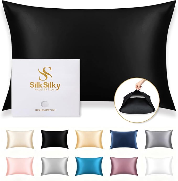 SilkSilky 100% Mulberry Silk Pillowcase - Pure 22 Momme High-Grade 6A Fibers for Hair & Skin, Envelope Closure, Natural, Organic, Breathable & Cooling Pillow Case (Queen, Black)
