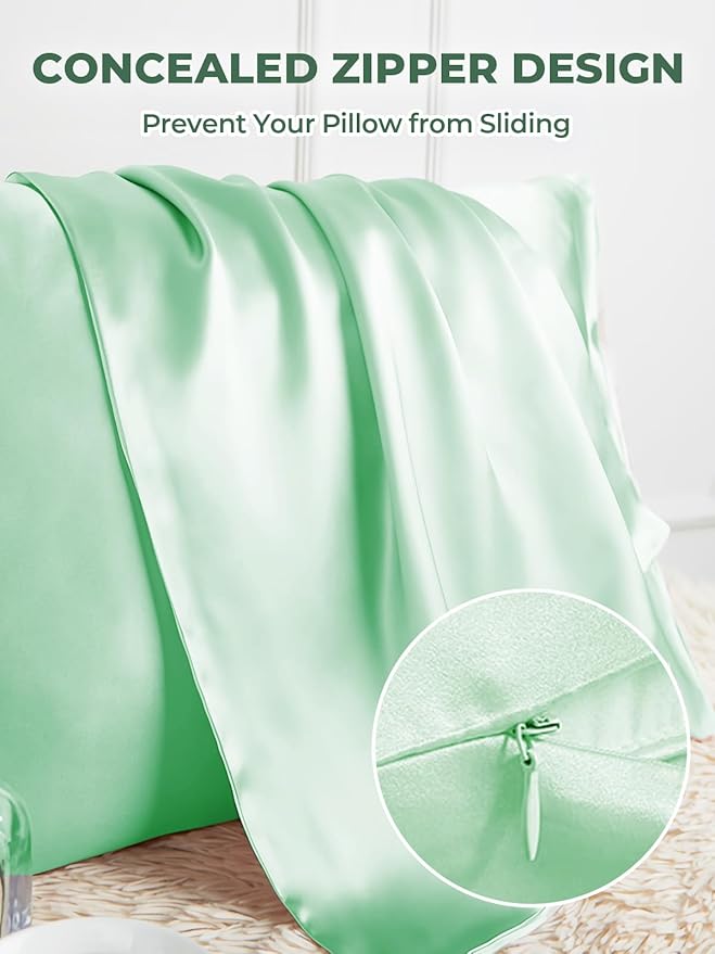 Mulberry Silk Pillowcase for Hair and Skin, SGMSILK 22 Momme Natural Silk Pillow Cases with Zipper, 6A Soft and Smooth Single Sided Pure Silk Pillow Cover (Light Green, King 20"x36")