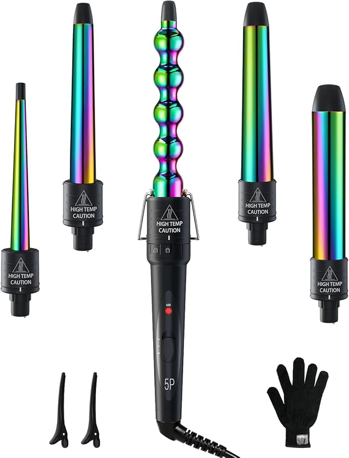 5 in 1 Curling Wand Set: Ohuhu Curling Iron Wand 5Pcs 0.35 to 1.25 Inch Interchangeable Ceramic Barrel Heat Protective Glove 2 Clips Dual Voltage Hair Curler Girls Women Mother Christmas Gift Rainbow