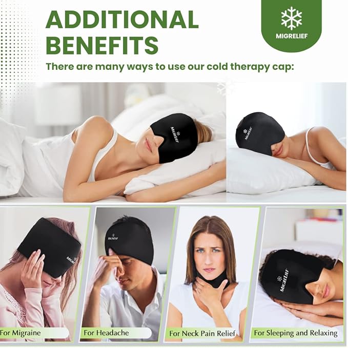 Migrelief Migraine Relief Cap - Ice Cap for Migraines and Headaches with 360 Degree Head and Eye Coverage - Cold Therapy Headache Hat and Migraine Mask for Natural Pain Relief - One Size, Black