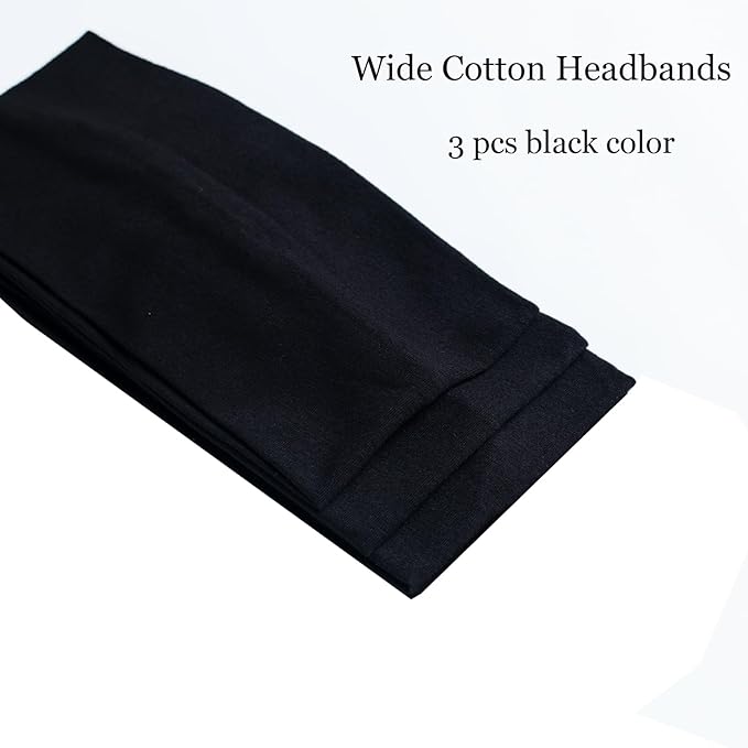 Headbands for Women 3 Pcs Black Wide Cotton Non-slip Stretchy Elastic Head Wrap Holder Hair Accessories