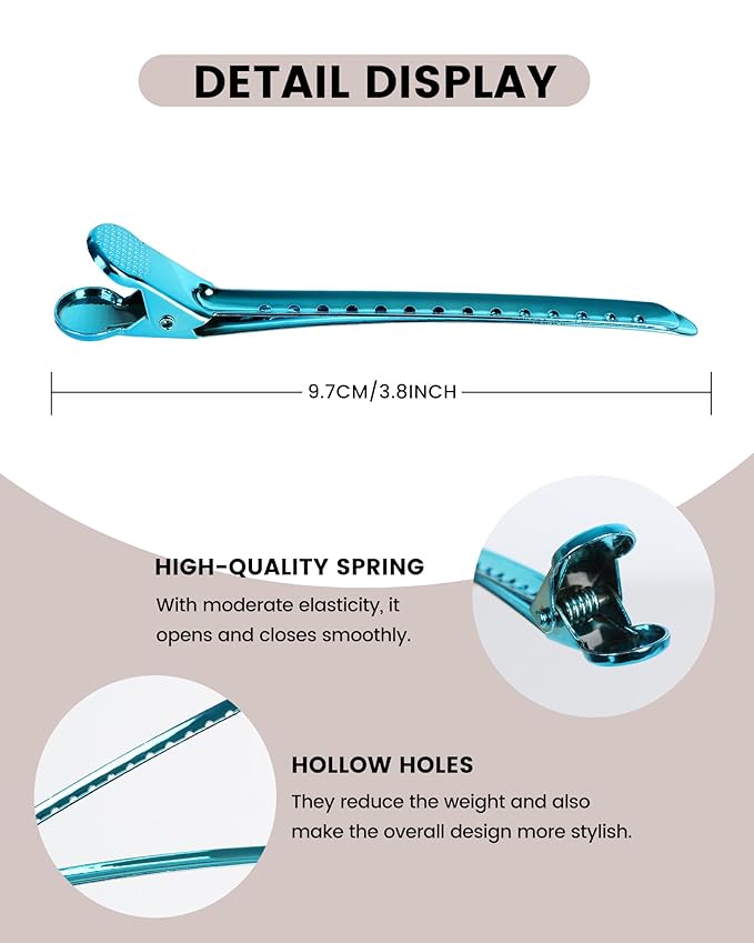 Alligator Clips for Hair Styling 12 pcs Anti-Slip No-Trace Duck Billed Hair Clips Rustproof Metal Alligator Curl Clips for Hair Styling for Salon & Makeup, blue.