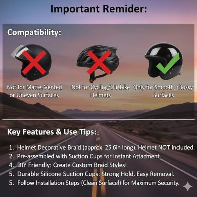 Vibrant Multi-Color Braided Helmet Decoration - Durable Silicone Suction Cups, Easy Install, DIY Styles