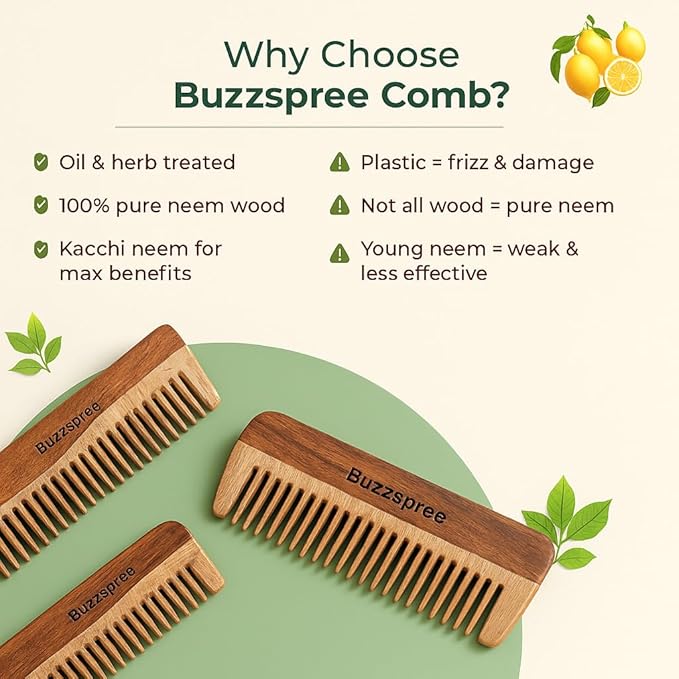 Natural Neem Wood Comb Set of 2 [Plain Lily & Shampoo comb]– Wide & Fine Tooth Handmade Wooden Hair Combs for Men & Women | Eco-Friendly, Plastic-Free, Scalp care for Gentle Hair Care
